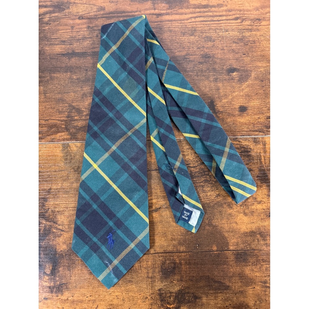 Polo Ralph Lauren Mens Green Plaid Cotton Necktie Made in USA Pony Logo